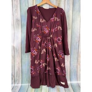 Odd Molly Anthropologie Large Maroon Dress Floral Embroidery V Neck Ruffle Hem